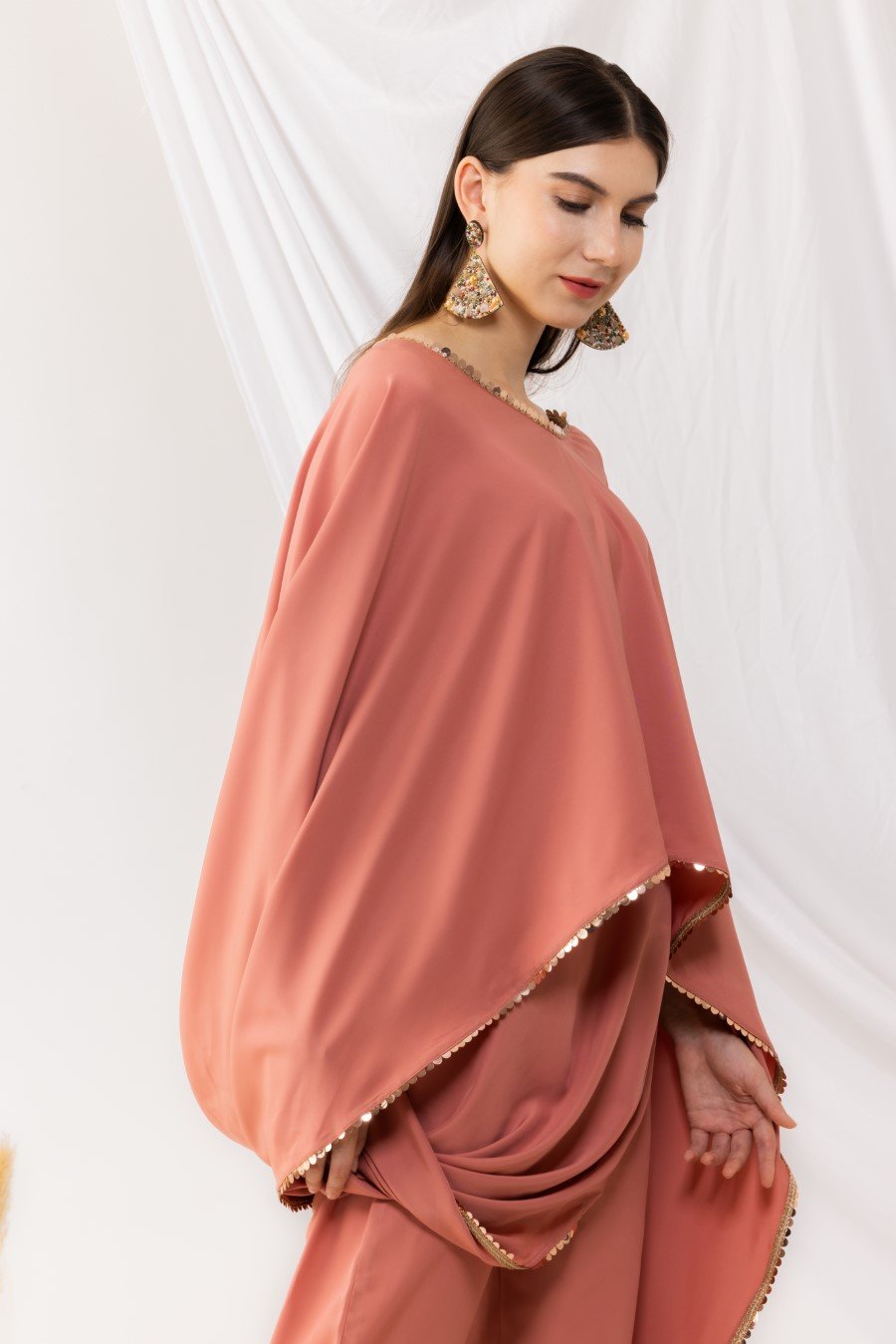 Coral Rose Cape Bohemian Style Drape Top With Straight pant