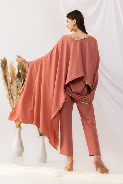 Coral Rose Cape Bohemian Style Drape Top With Straight pant