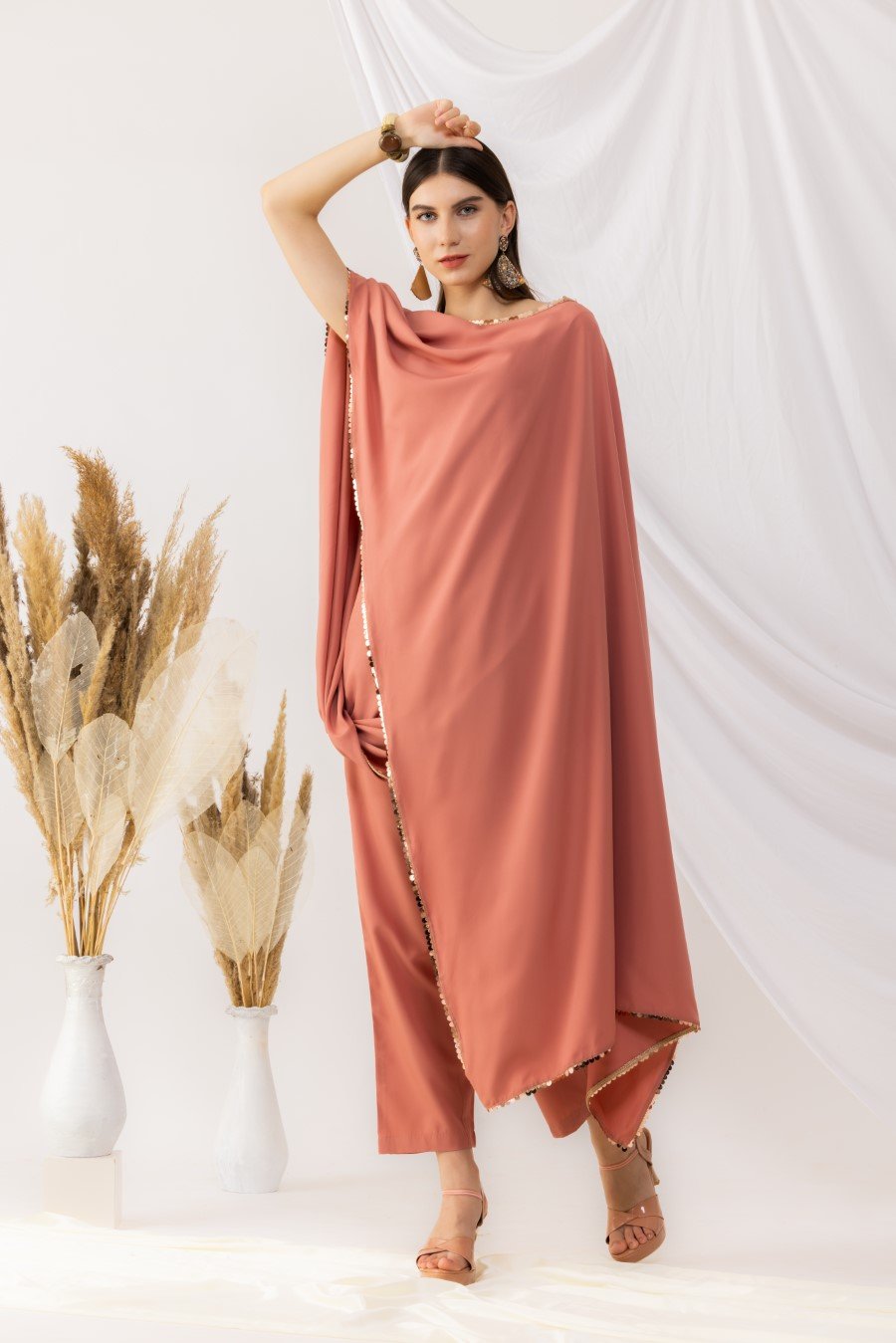 Coral Rose Cape Bohemian Style Drape Top With Straight pant