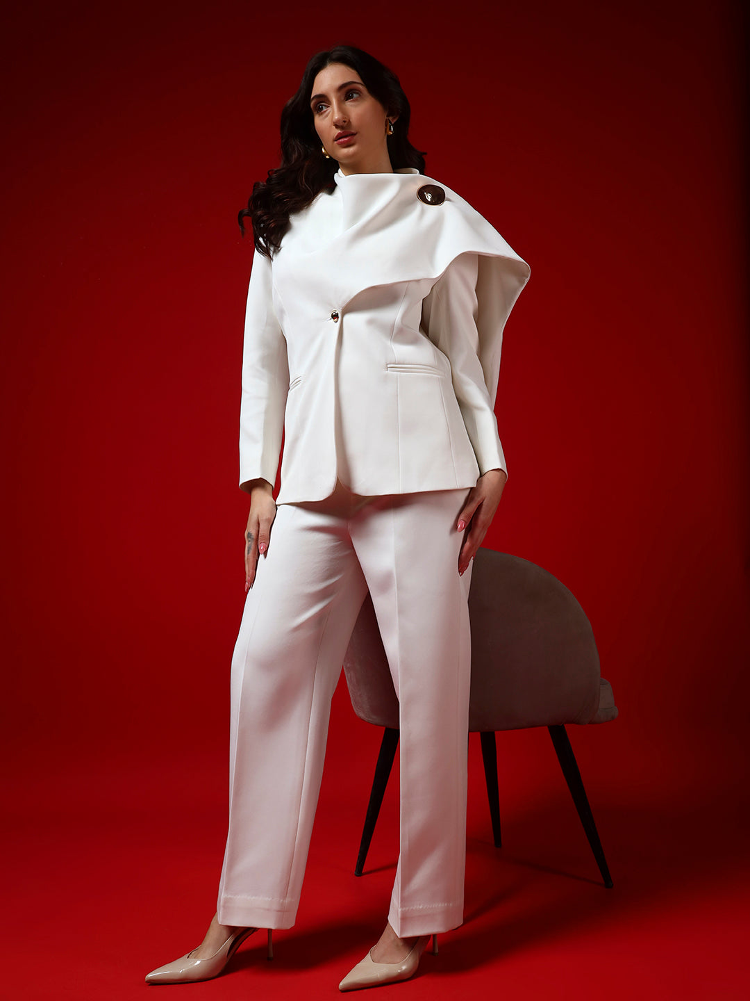 Ivory Banana Crepe collar drape-Style Blazer Co-Ord Set(Set of 2)