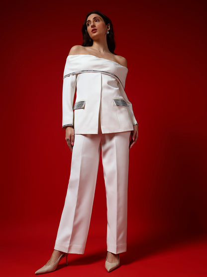 Ivory Off-Shoulder Banana Crepe Blazer Co-Ord Set with Silver Trim(Set of 2)