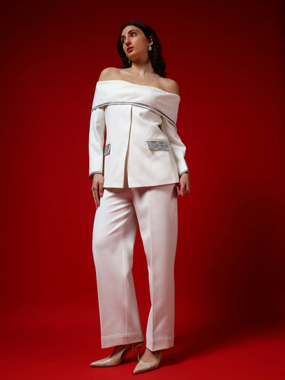 Ivory Off-Shoulder Banana Crepe Blazer Co-Ord Set with Silver Trim(Set of 2)