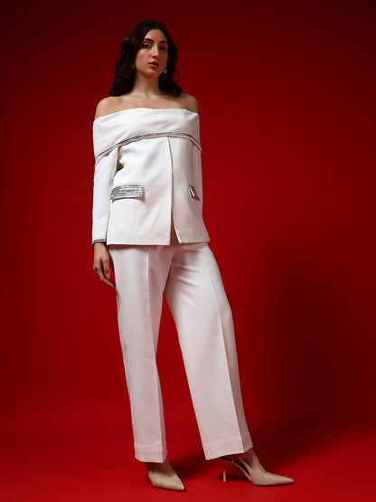 Ivory Off-Shoulder Banana Crepe Blazer Co-Ord Set with Silver Trim(Set of 2)