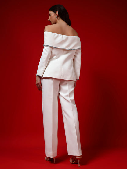 Ivory Off-Shoulder Banana Crepe Blazer Co-Ord Set with Silver Trim(Set of 2)