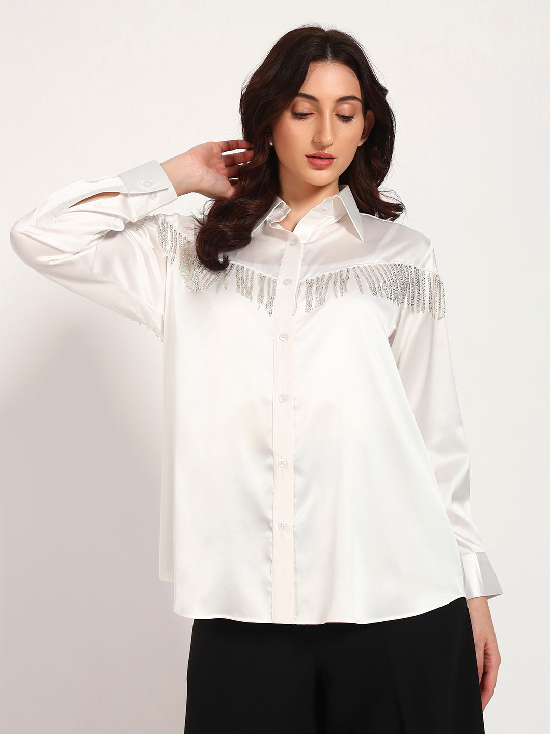 Ivory Sequin Tassel-Embellished Armani Satin Shirt