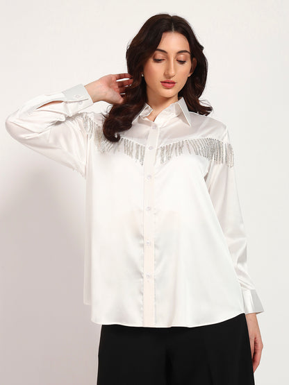Ivory Sequin Tassel-Embellished Armani Satin Shirt