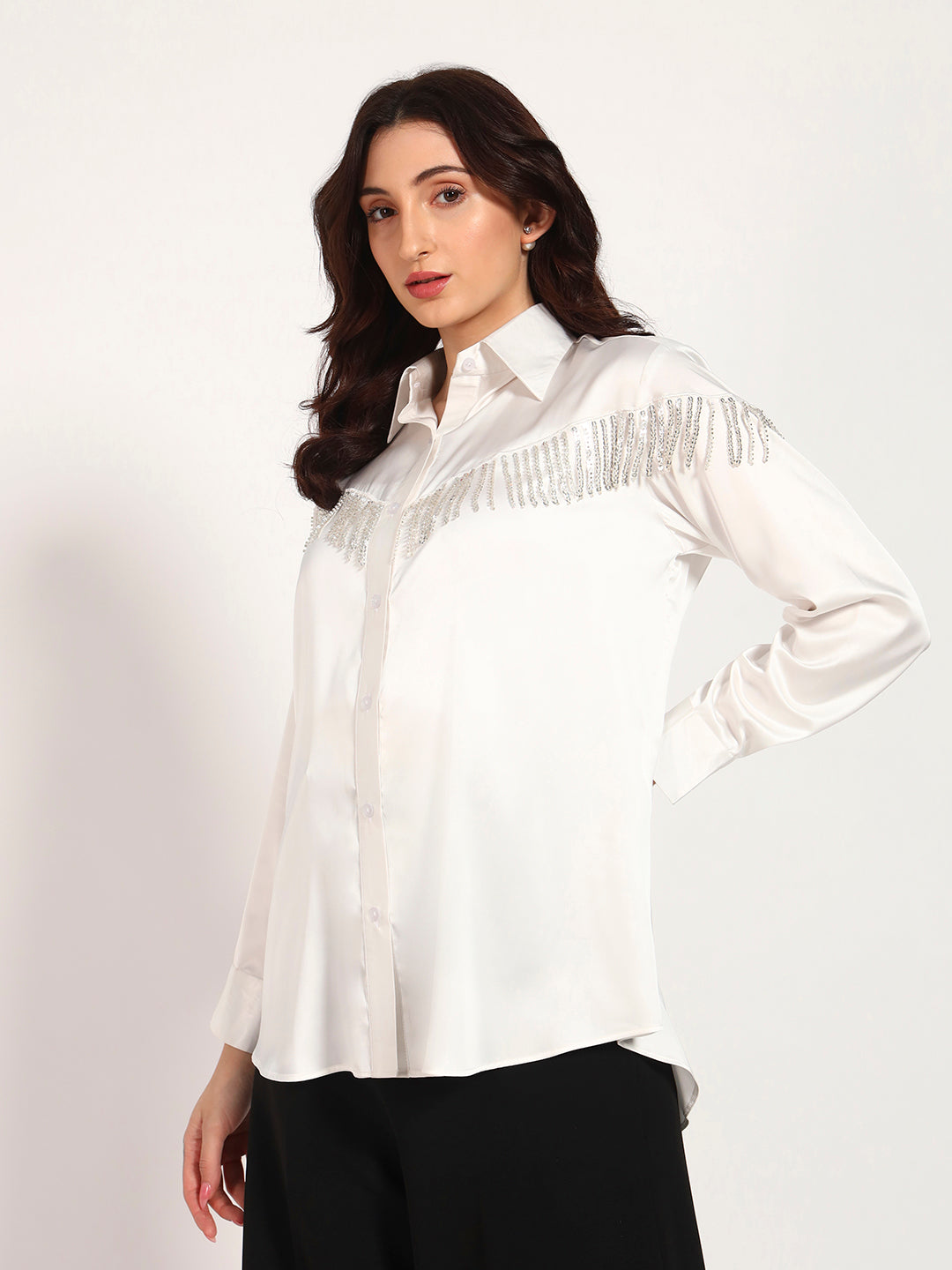 Ivory Sequin Tassel-Embellished Armani Satin Shirt