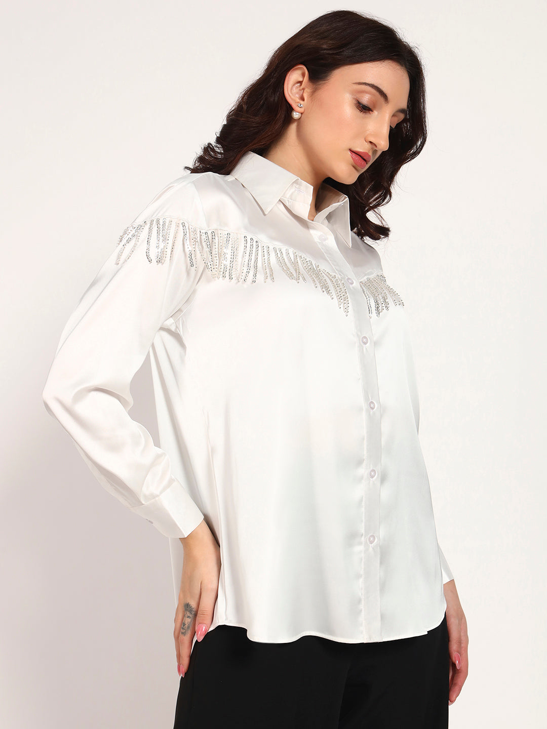 Ivory Sequin Tassel-Embellished Armani Satin Shirt