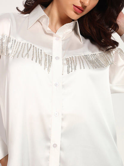 Ivory Sequin Tassel-Embellished Armani Satin Shirt