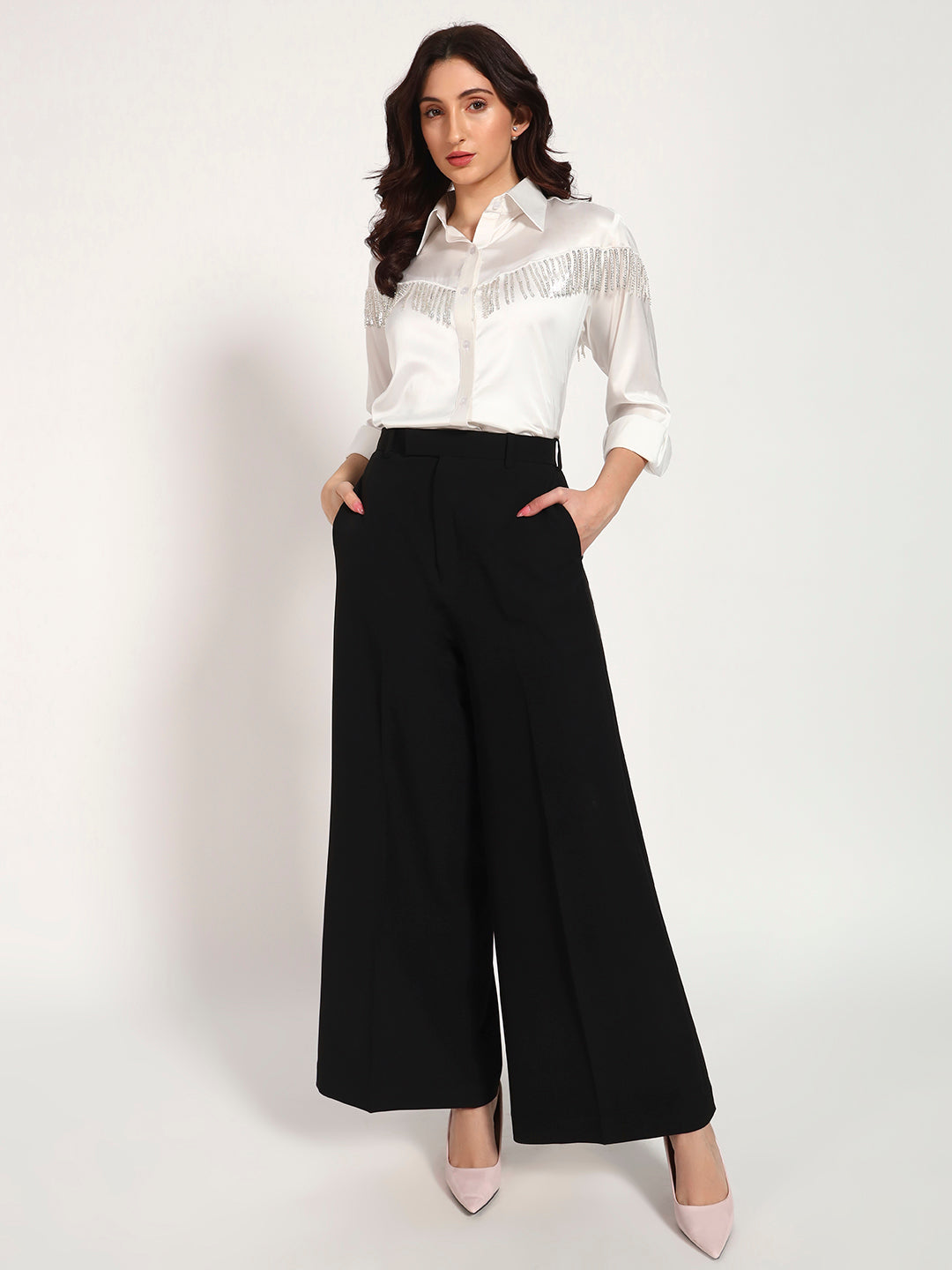 Ivory Sequin Tassel-Embellished Armani Satin Shirt