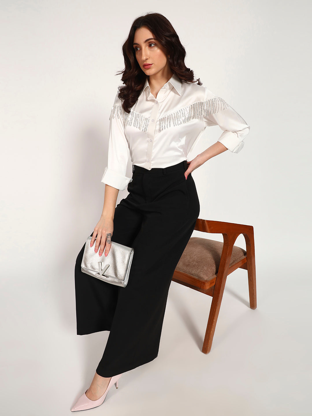 Ivory Sequin Tassel-Embellished Armani Satin Shirt