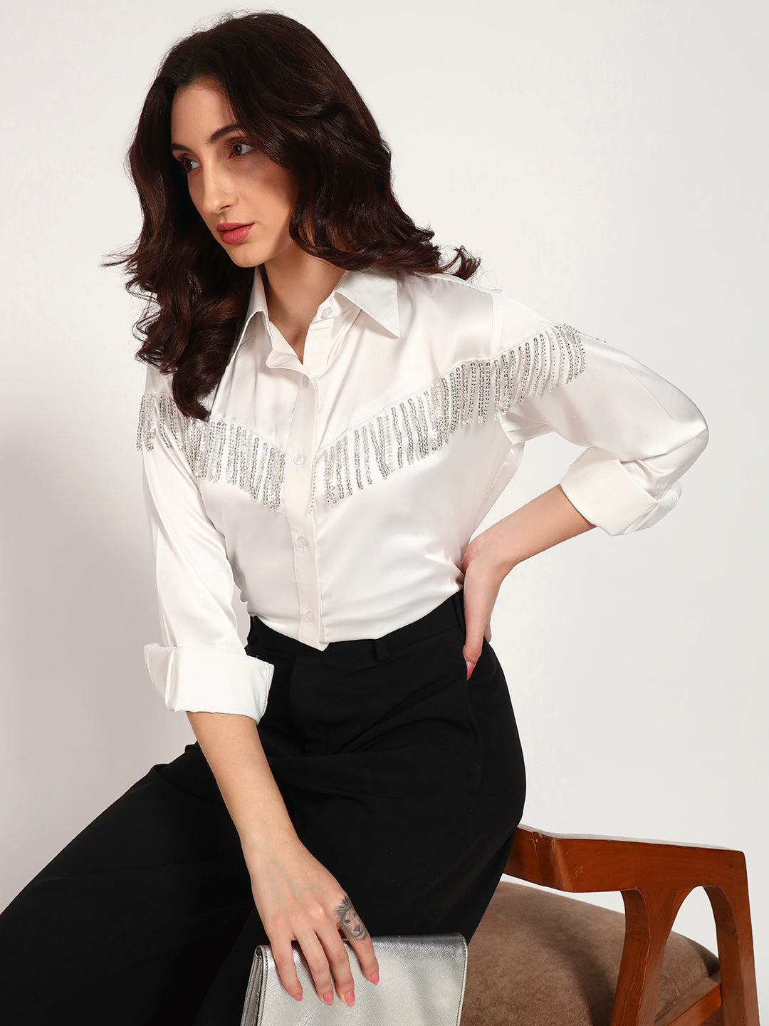 Ivory Sequin Tassel-Embellished Armani Satin Shirt