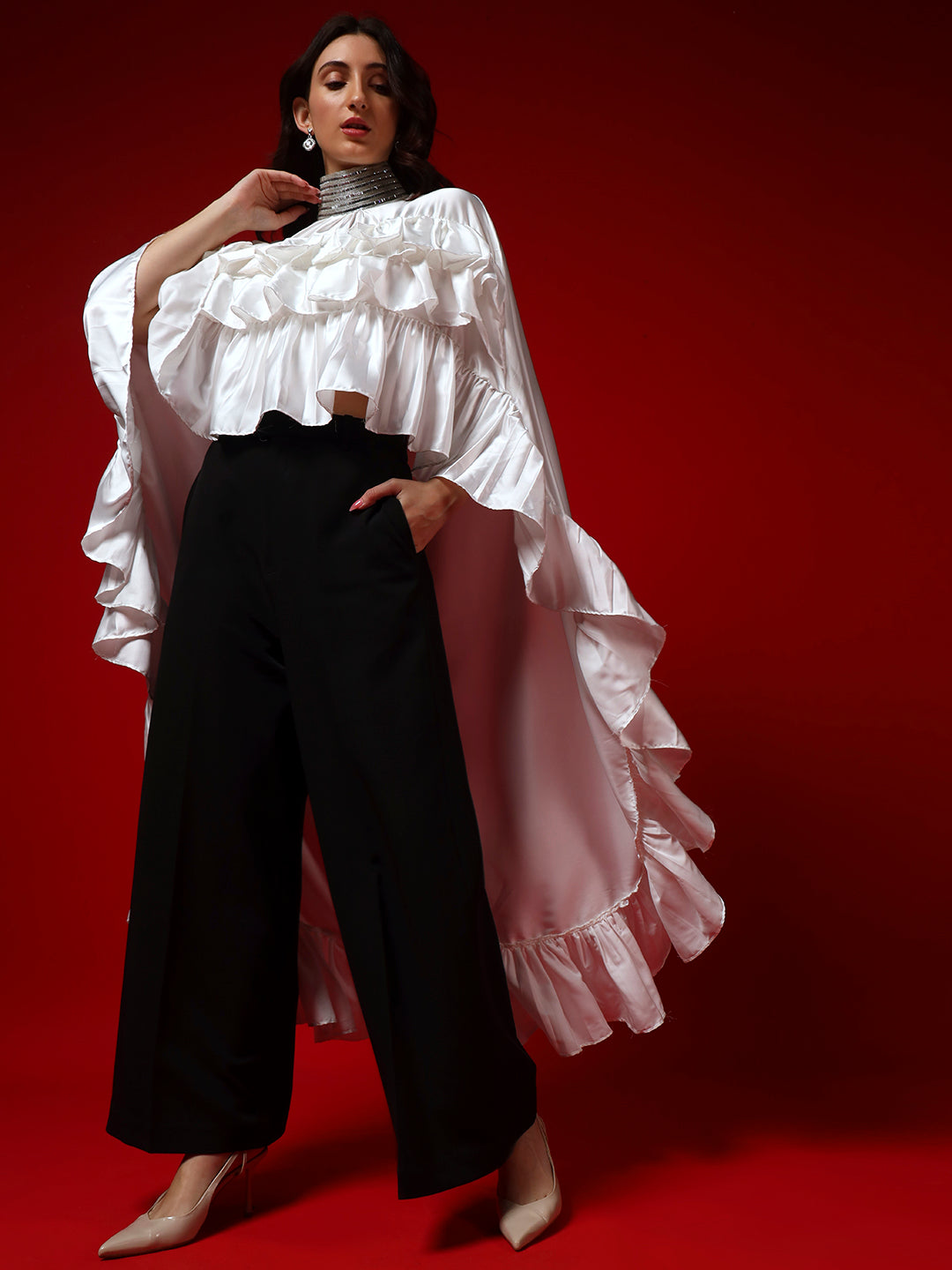 Ivory Whisper Cape Top with Noir Flow