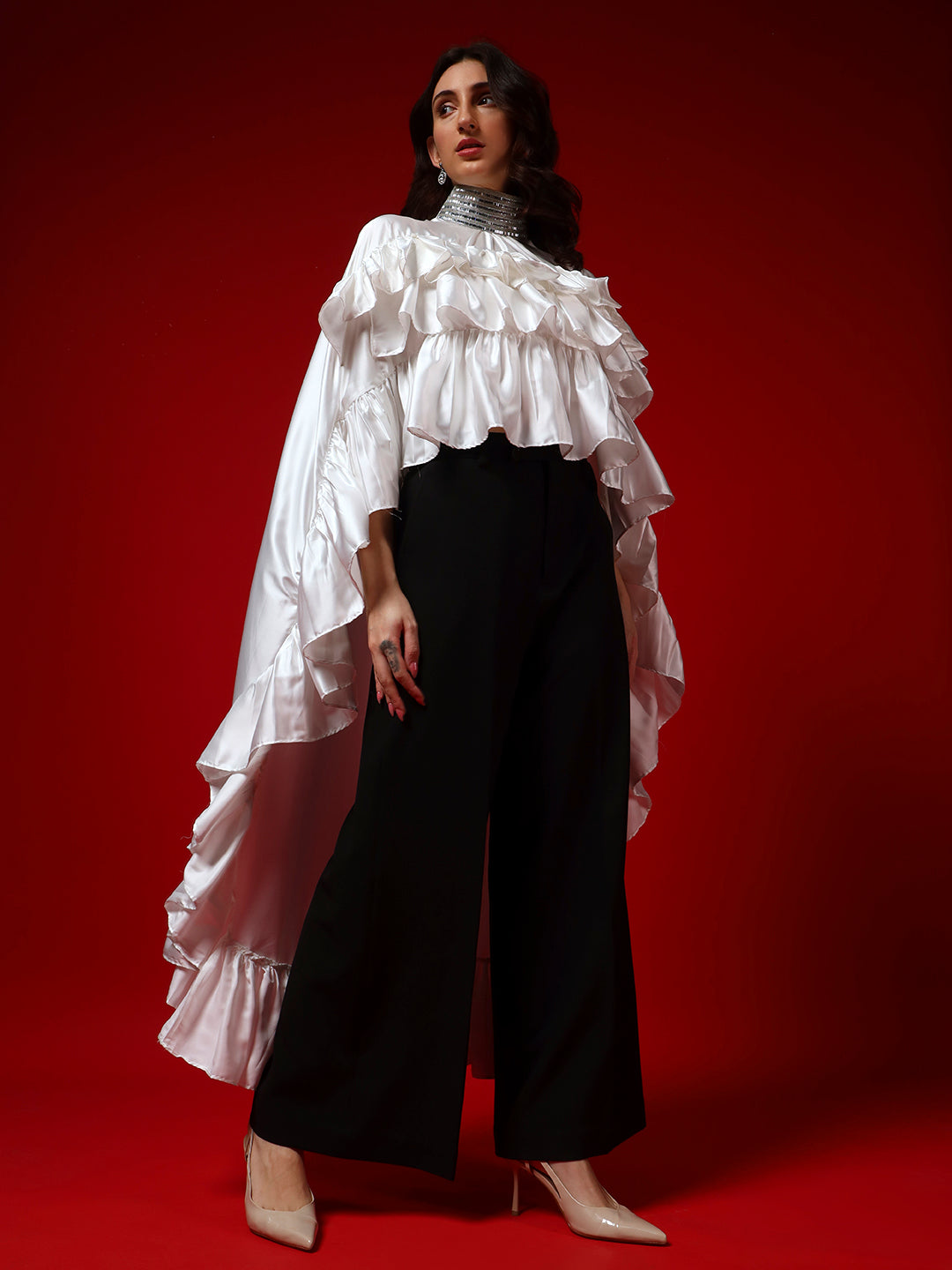 Ivory Whisper Cape Top with Noir Flow