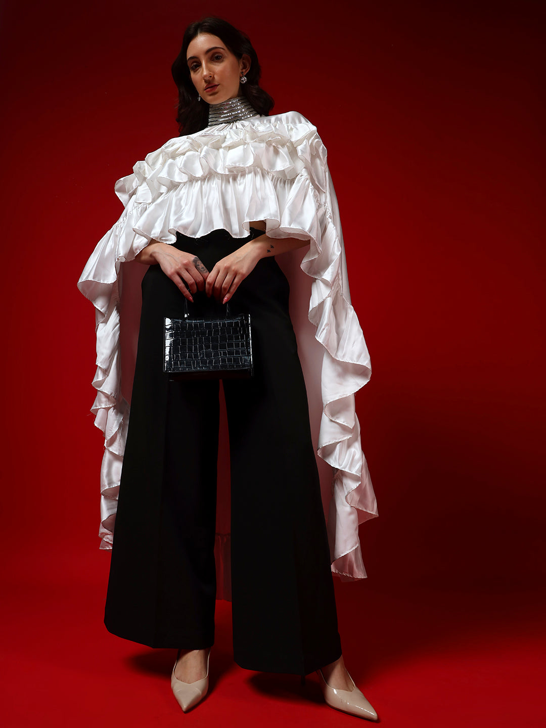 Ivory Whisper Cape Top with Noir Flow