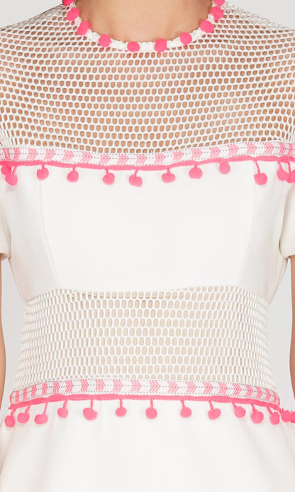 Neon Pink Pom Pom White Dress