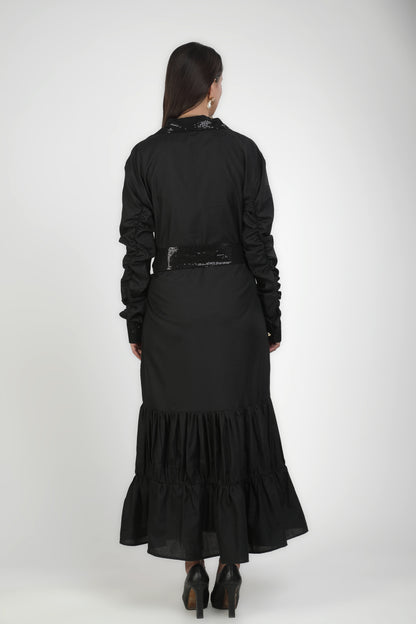 Onyx Collared Buttoned Tiered Maxi Dress