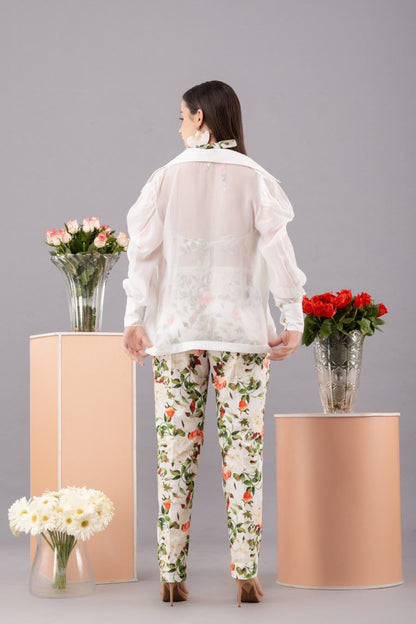 Printed bralette co-ord set with white organza shirt(set of 3)