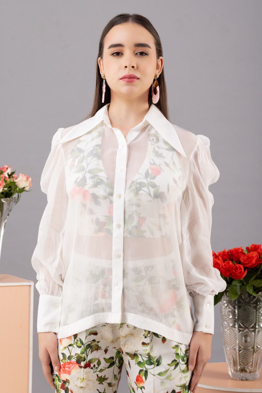Printed bralette co-ord set with white organza shirt(set of 3)