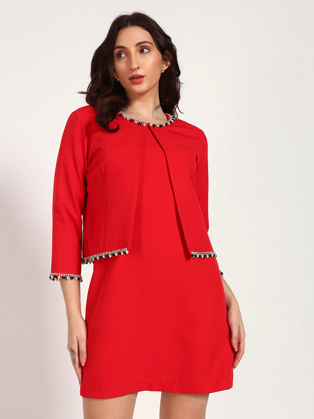 Red Banana Crepe Cut-Sleeve Dress with Jacket Overlay(Set Of 2)