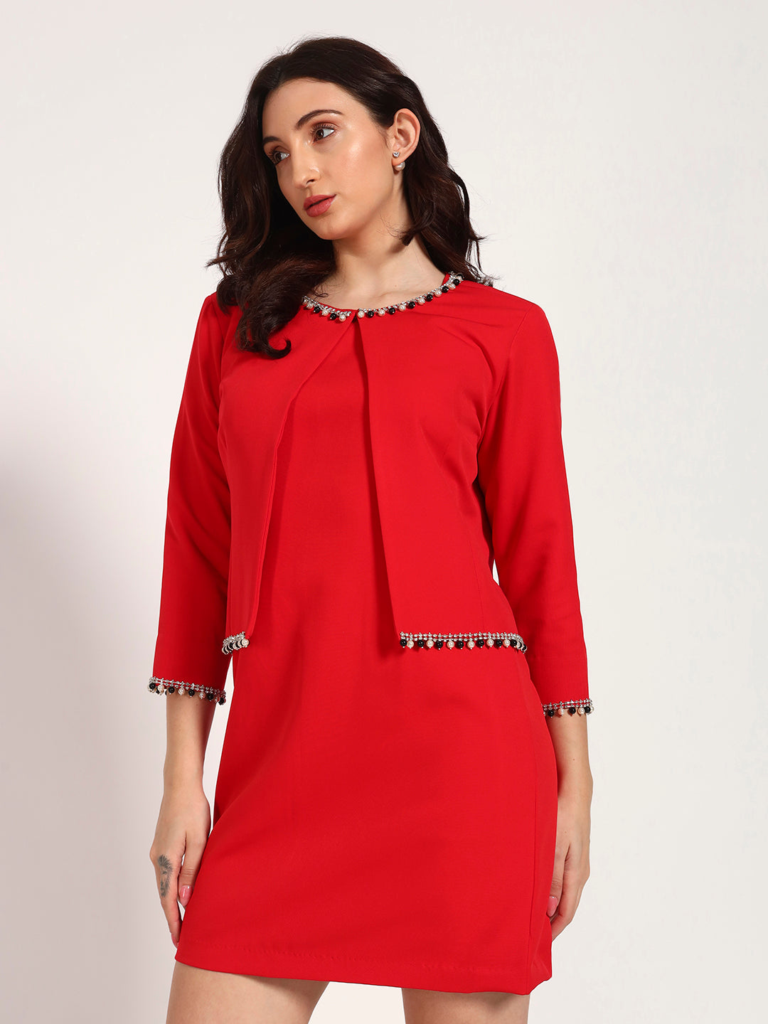 Red Banana Crepe Cut-Sleeve Dress with Jacket Overlay(Set Of 2)