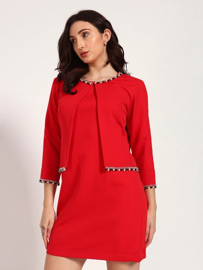 Red Banana Crepe Cut-Sleeve Dress with Jacket Overlay(Set Of 2)