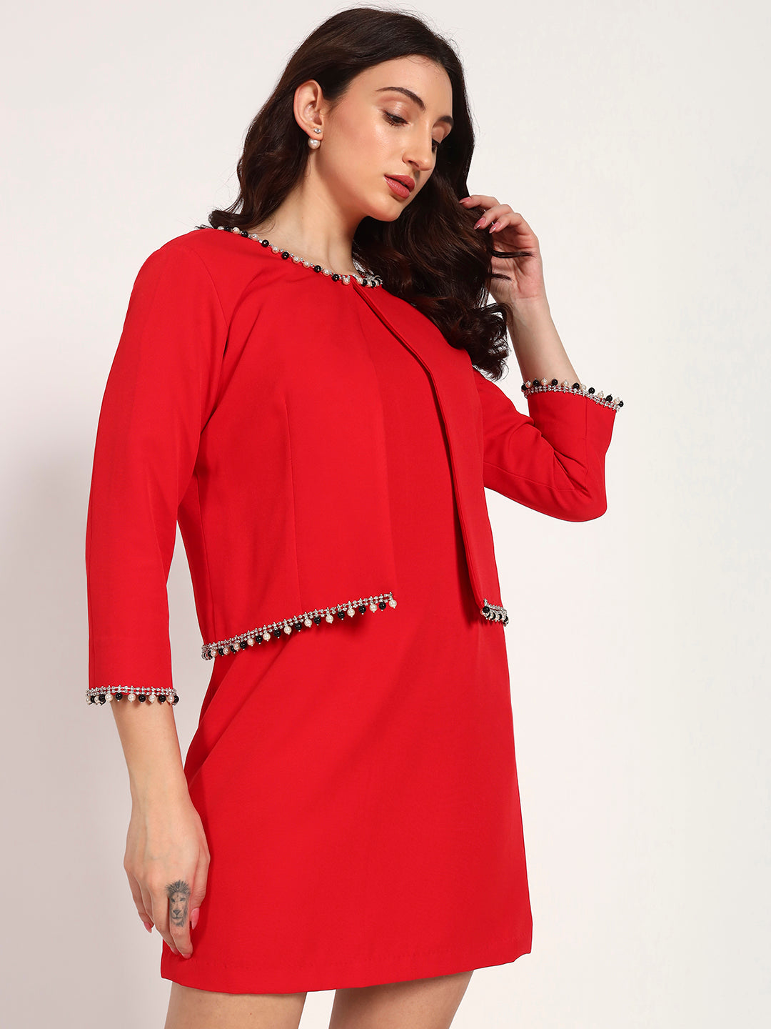 Red Banana Crepe Cut-Sleeve Dress with Jacket Overlay(Set Of 2)