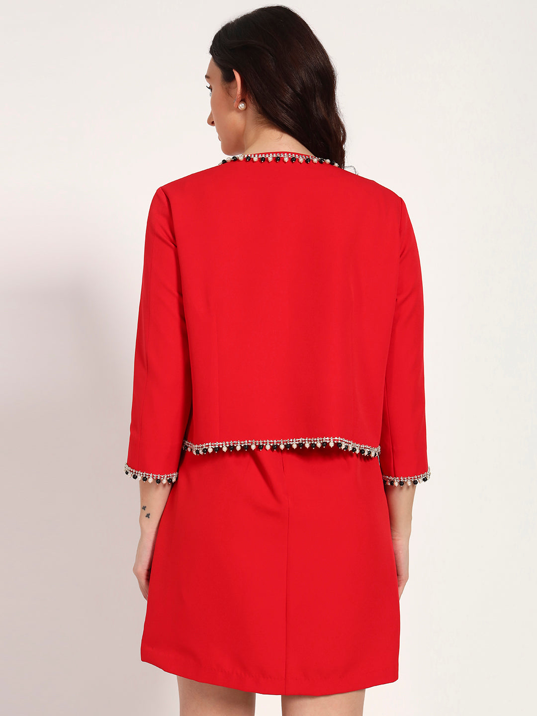 Red Banana Crepe Cut-Sleeve Dress with Jacket Overlay(Set Of 2)