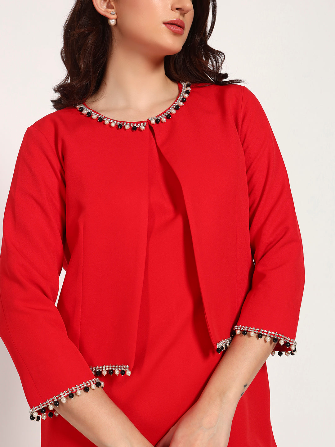 Red Banana Crepe Cut-Sleeve Dress with Jacket Overlay(Set Of 2)