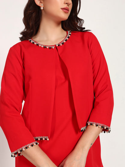 Red Banana Crepe Cut-Sleeve Dress with Jacket Overlay(Set Of 2)