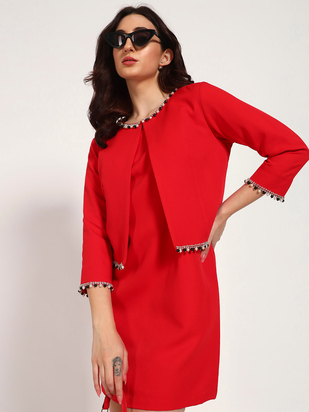 Red Banana Crepe Cut-Sleeve Dress with Jacket Overlay(Set Of 2)