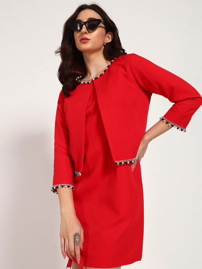 Red Banana Crepe Cut-Sleeve Dress with Jacket Overlay(Set Of 2)