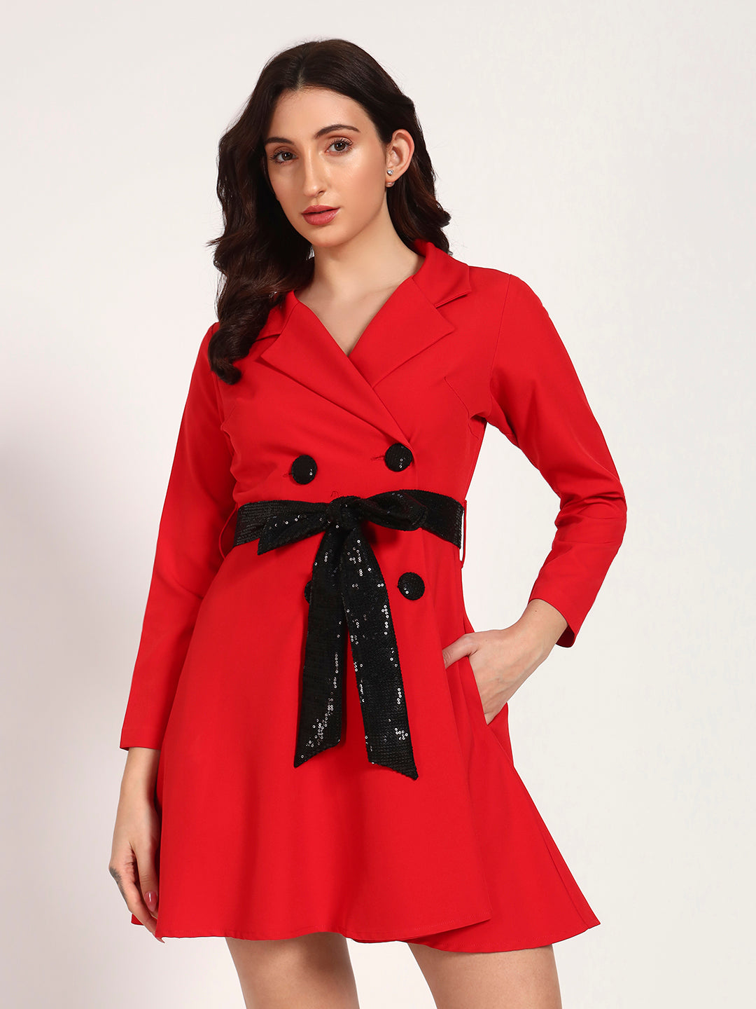 Red Banana Crepe Dress with Black Sequin Bow & Buttons