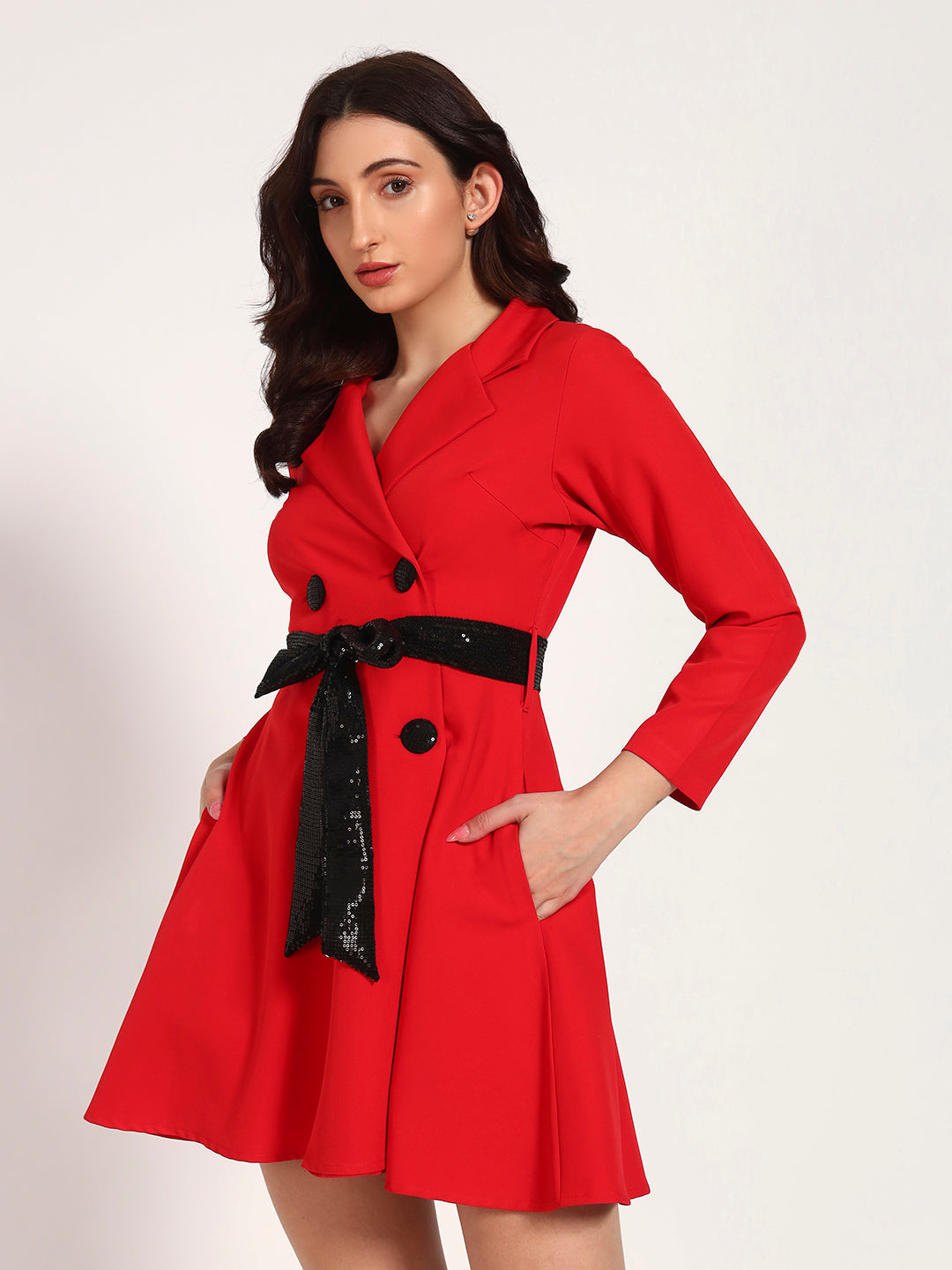 Red Banana Crepe Dress with Black Sequin Bow & Buttons