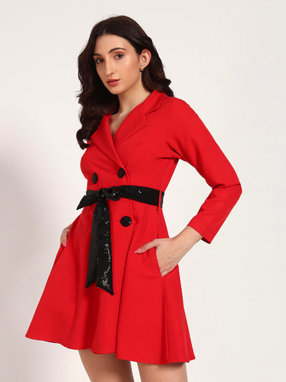 Red Banana Crepe Dress with Black Sequin Bow & Buttons