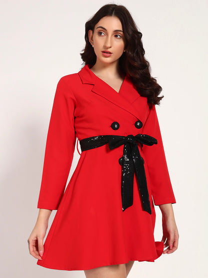 Red Banana Crepe Dress with Black Sequin Bow & Buttons