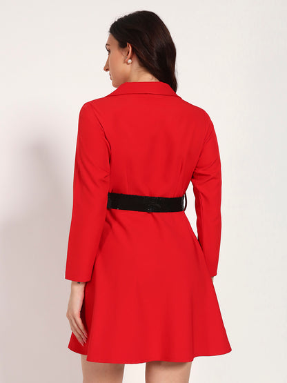 Red Banana Crepe Dress with Black Sequin Bow & Buttons