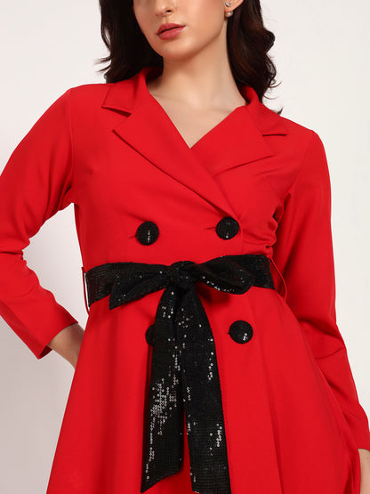 Red Banana Crepe Dress with Black Sequin Bow & Buttons