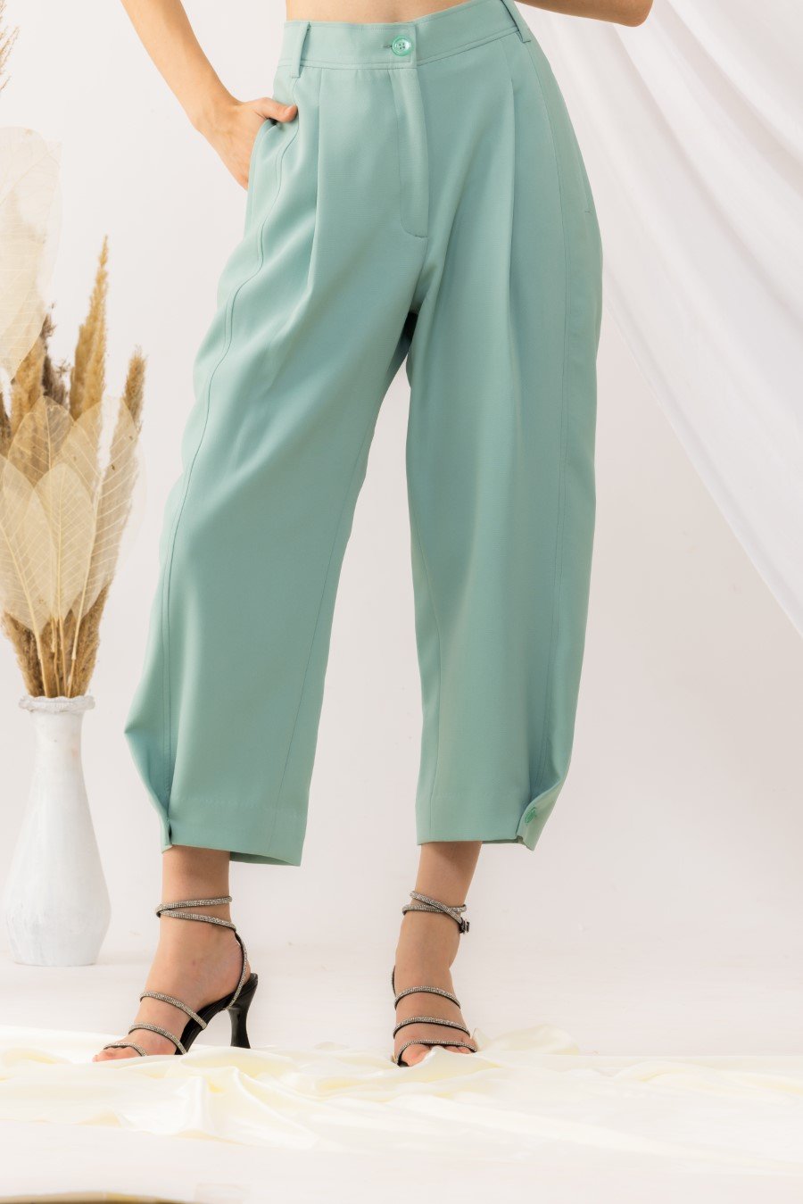 Sea Green Yoka Style Pant With Button