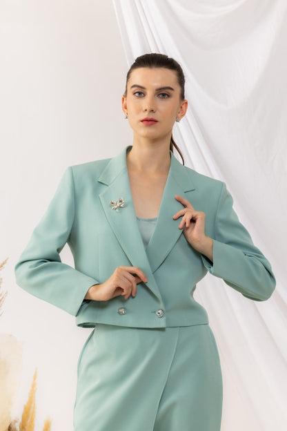 Sea Green Double Breasted Blazer With Crystal Buttons And Brooch