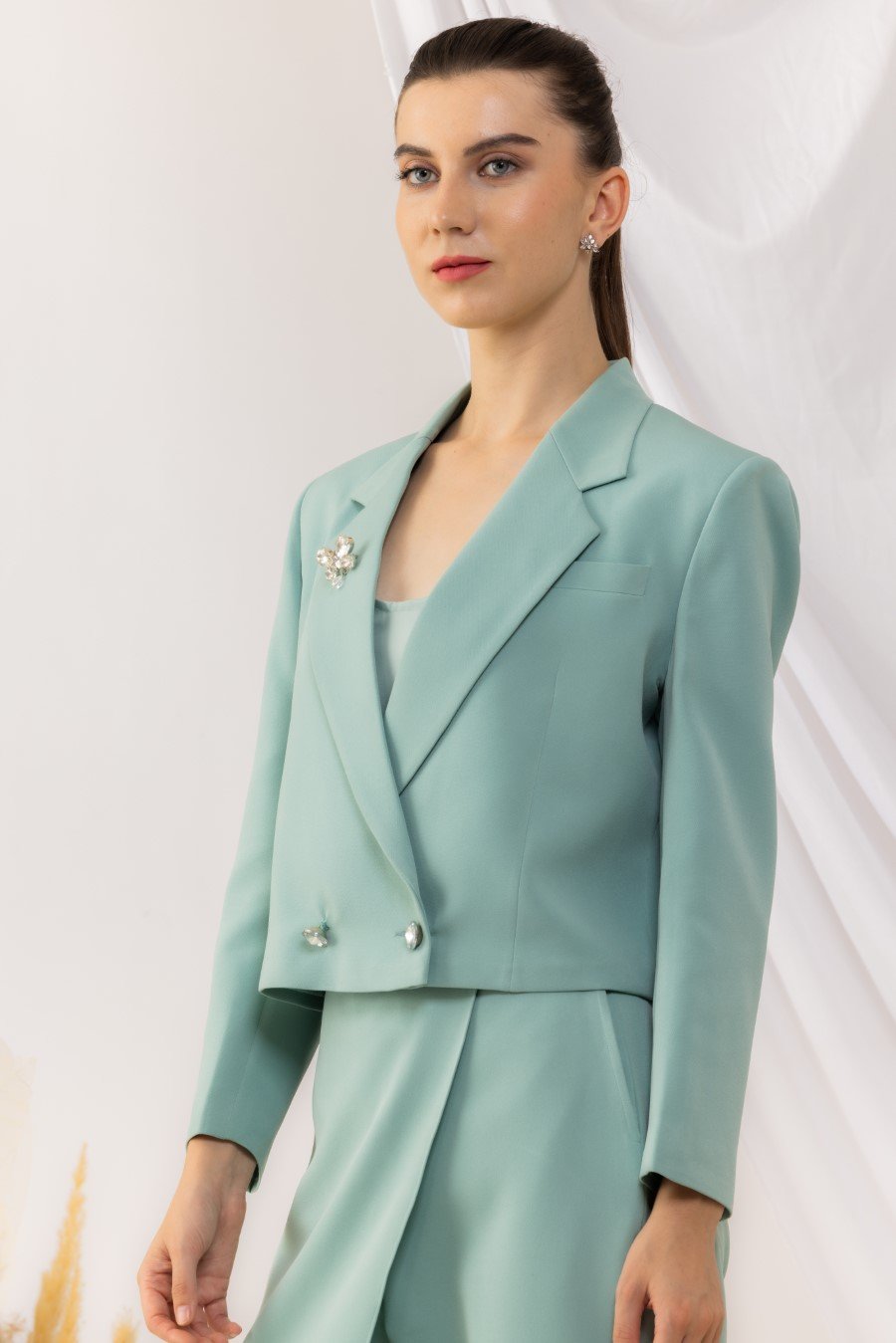 Sea Green Double Breasted Blazer With Crystal Buttons And Brooch