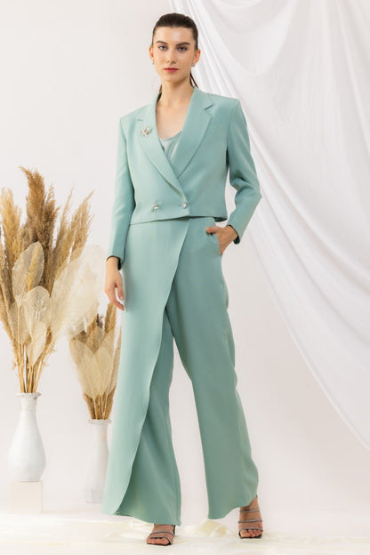 Sea Green Double Breasted Blazer With Crystal Buttons And Brooch