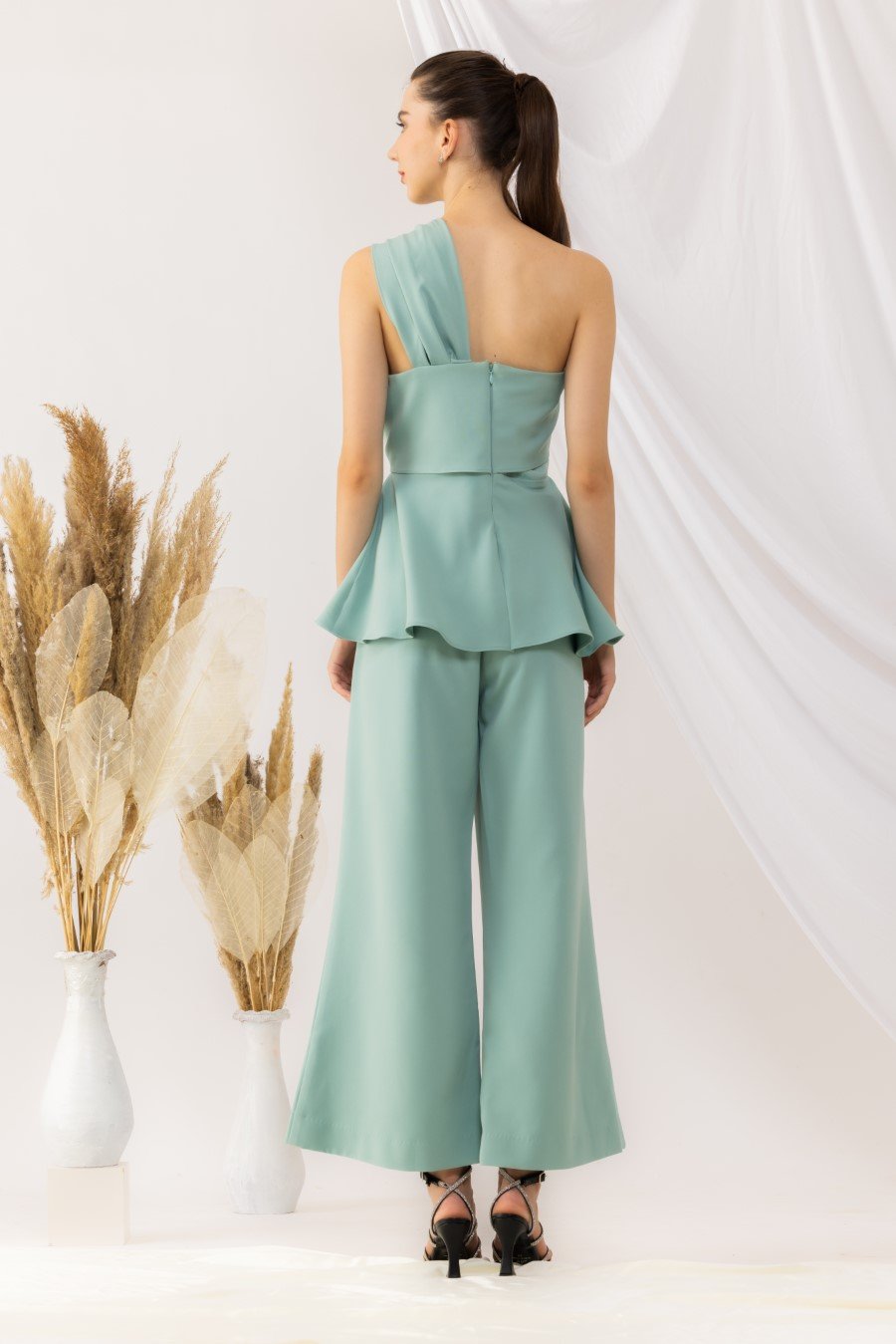 Sea Green One Shoulder Peplum Top With Flared pant