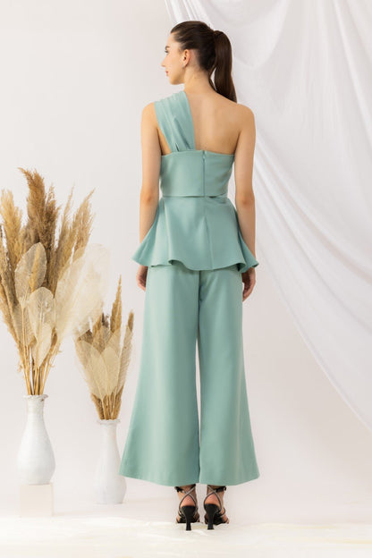 Sea Green One Shoulder Peplum Top With Flared pant