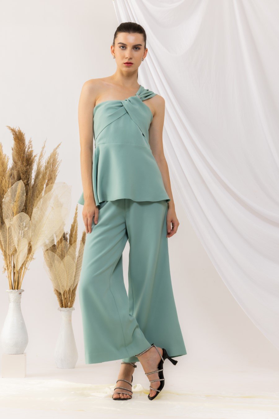 Sea Green One Shoulder Peplum Top With Flared pant