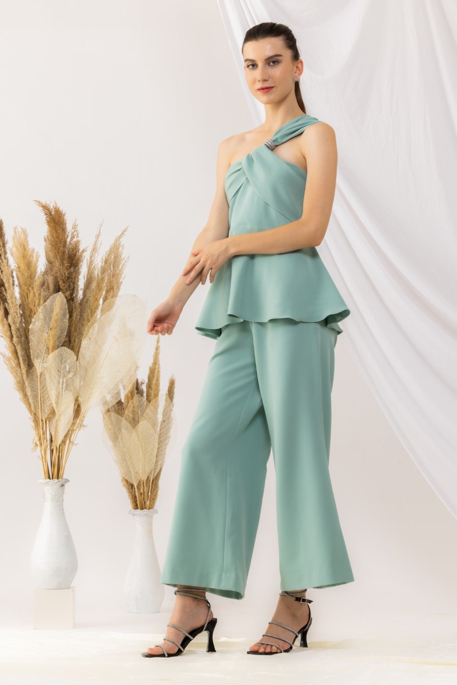 Sea Green One Shoulder Peplum Top With Flared pant