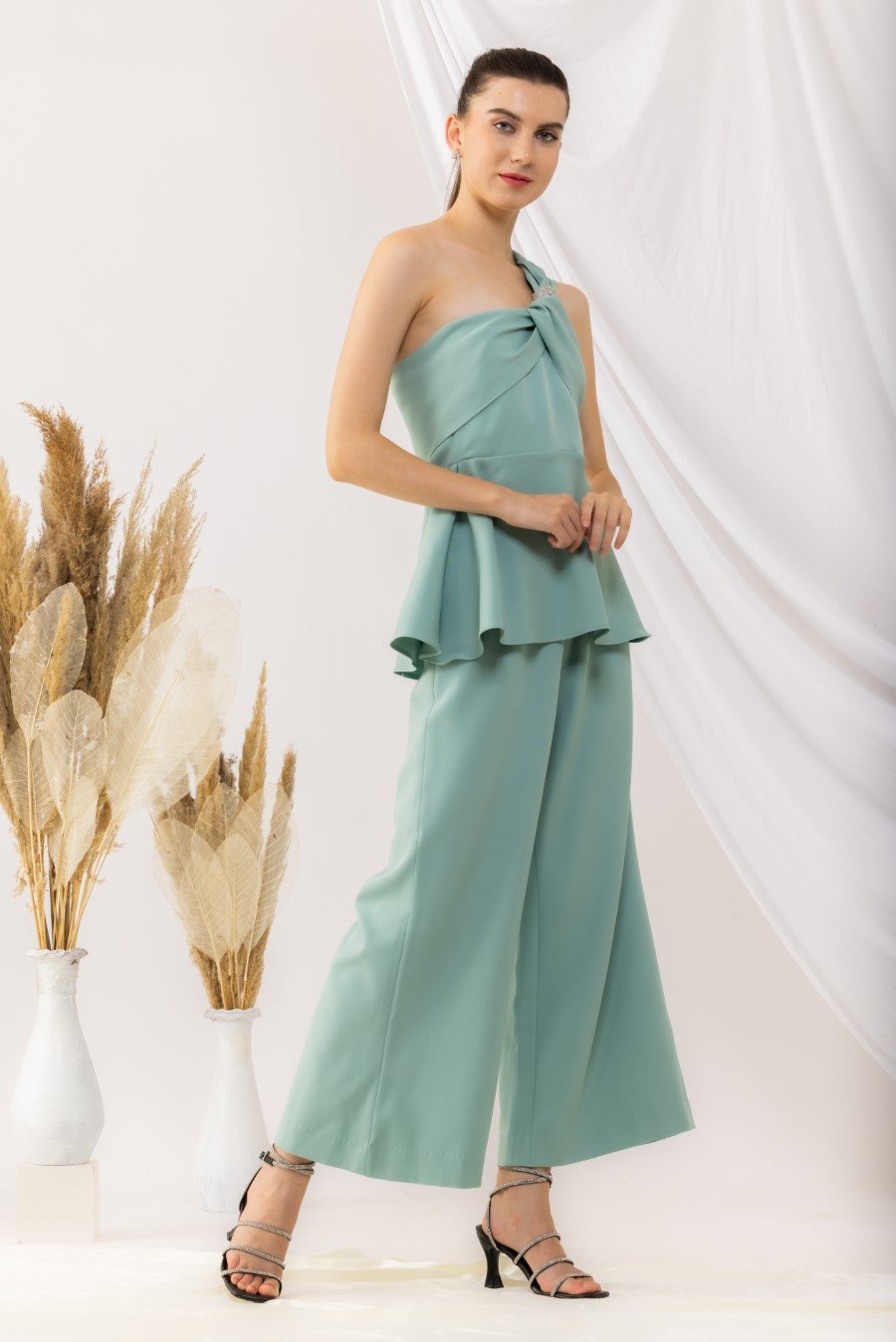 Sea Green One Shoulder Peplum Top With Flared pant