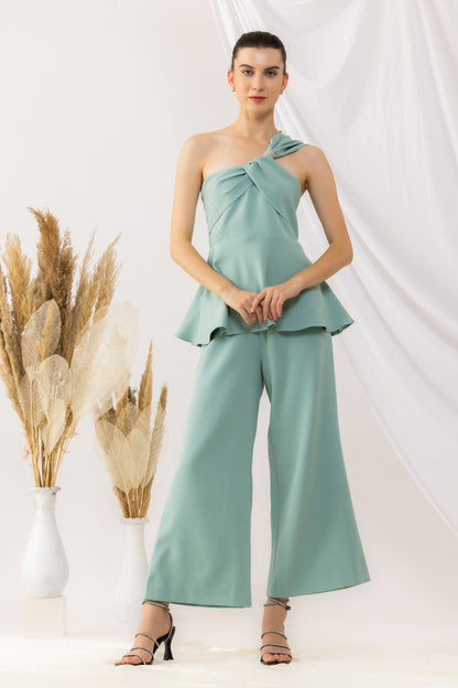 Sea Green One Shoulder Peplum Top With Flared pant