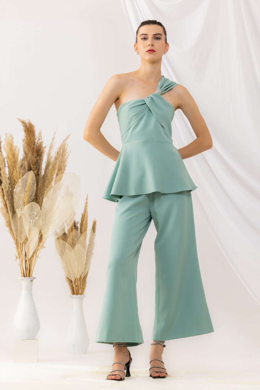 Sea Green One Shoulder Peplum Top With Flared pant