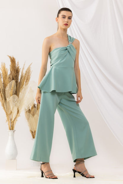 Sea Green One Shoulder Peplum Top With Flared pant